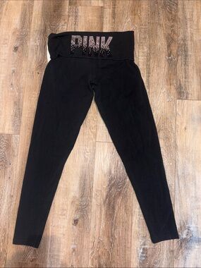 PINK Victoria's Secret Black Fold-Over Waist Leggings with Pink Logo